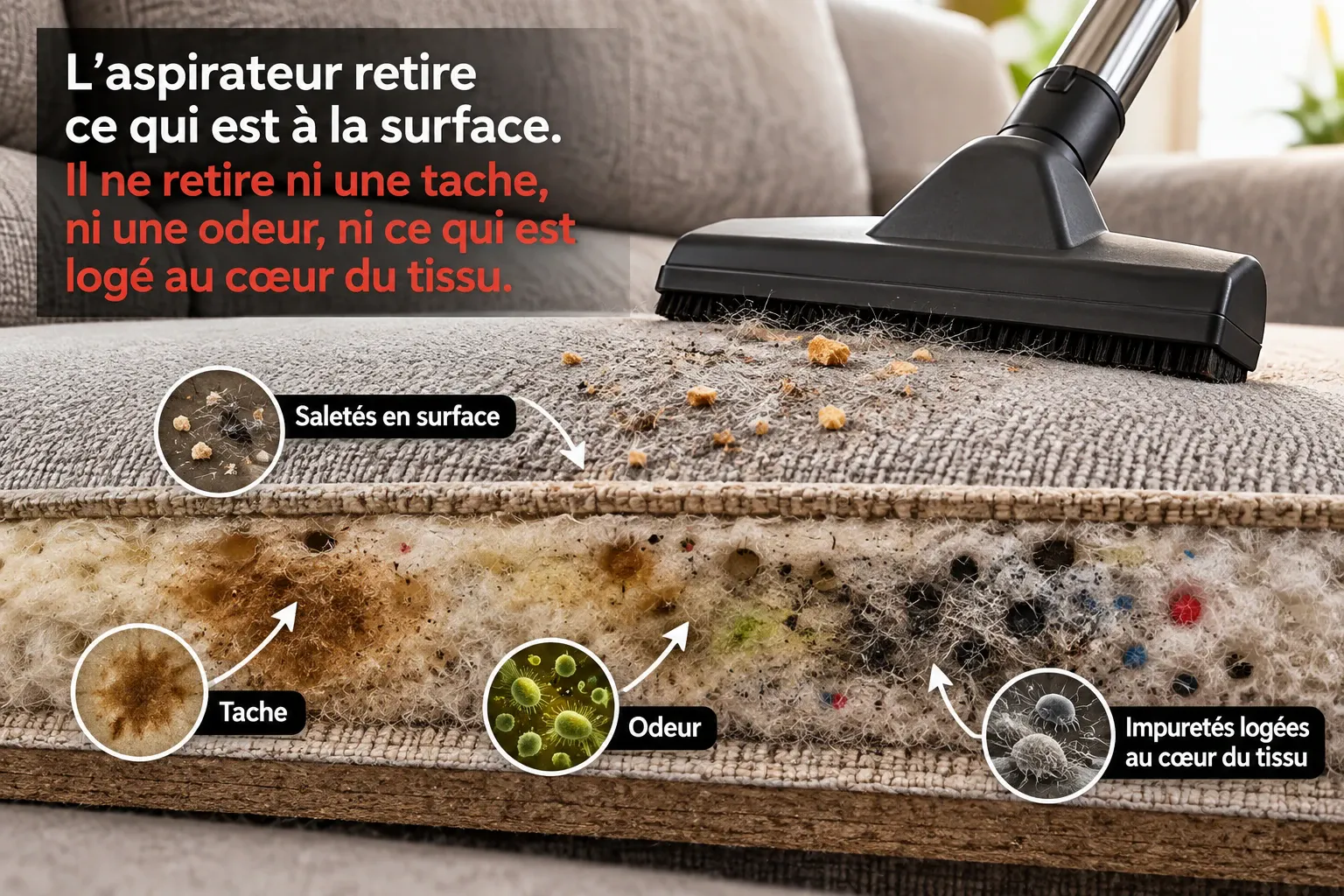 Aspirateur passé sur un canapé en tissu, avec une coupe du coussin montrant les saletés en surface, les taches, les odeurs et les impuretés logées au cœur du tissu
