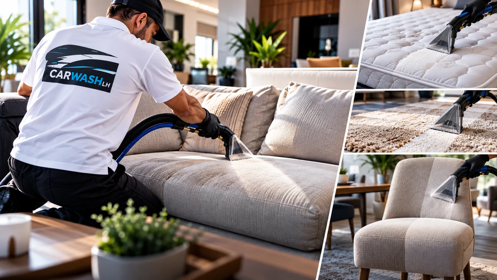 Technicien CarWashLH nettoyant un canapé en tissu à l'injecteur-extracteur, avec des gros plans sur le nettoyage d'un matelas, d'un tapis et d'un fauteuil