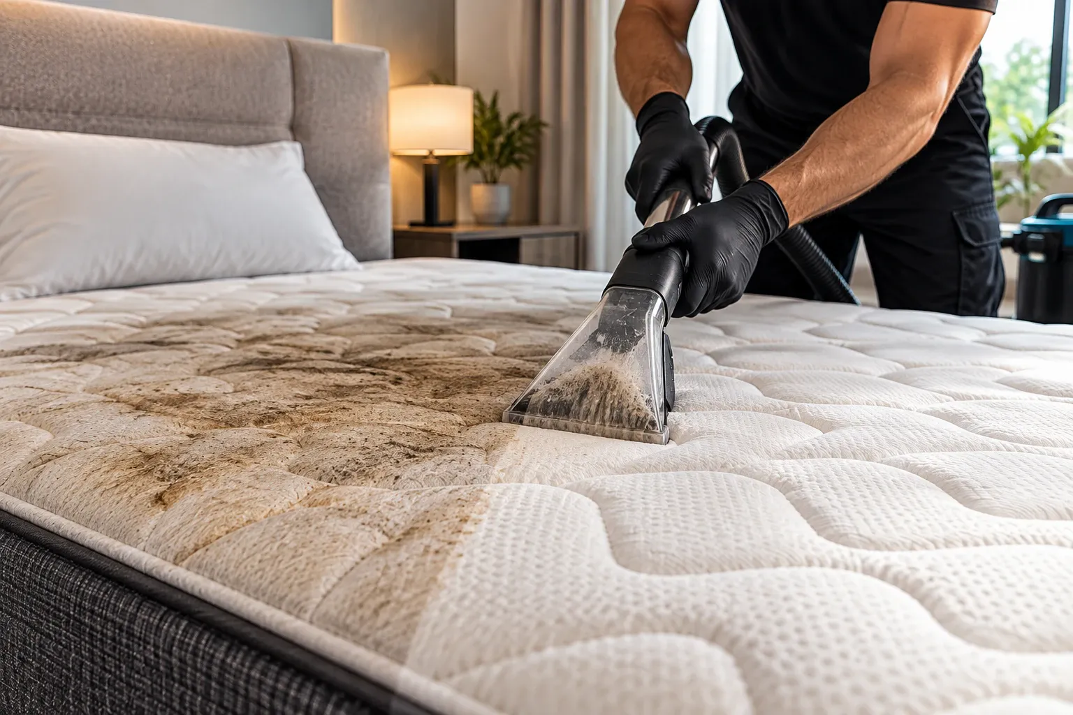 Technicien CarWashLH nettoyant un matelas à l'injecteur-extracteur : la moitié du matelas, tachée et jaunie, est nettoyée et redevient claire